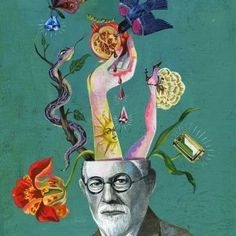 Foto de Sigmund Freud con la cabeza abierta saliendo de la misma diferentes objetos, representando así el Inconsciente 