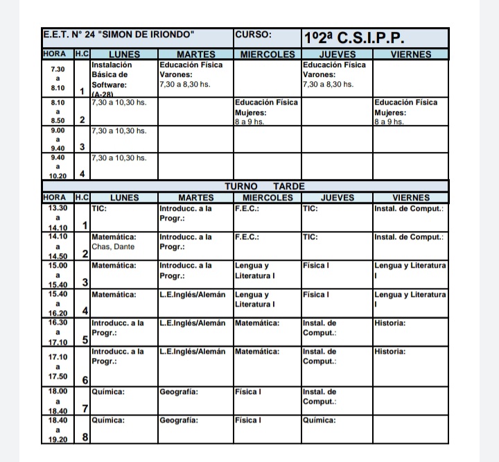 Horarios 1ero 2da CSIPP 